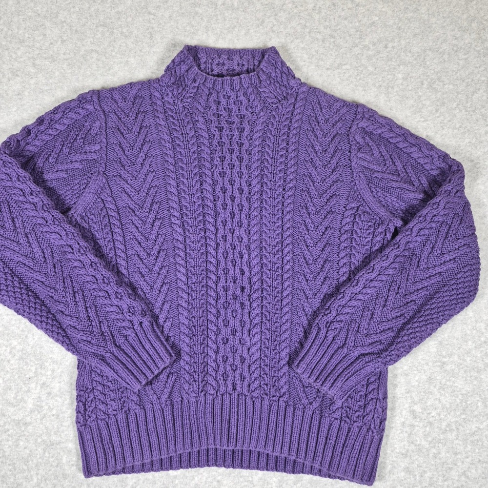 Lands End Cable Knit Sweater Womens L 14-16 Purple Mock Neck Cotton Pullover
